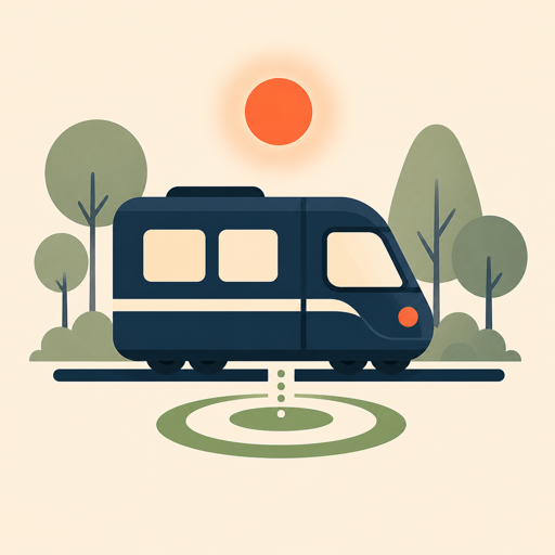 STOP app icon showing a tiny metro, trees, sun, and station target